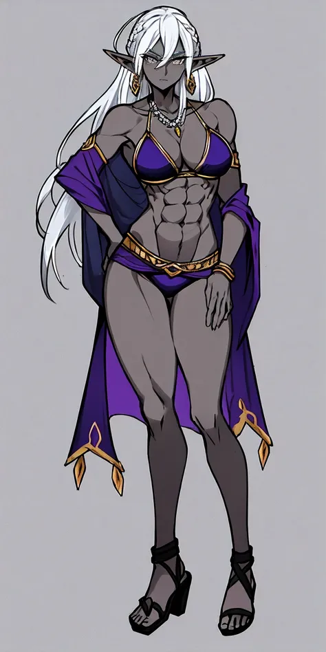 Appearance
Gender: Female
Age: Mature
Race: Drow (elf with dark skin and white hair)
Height: Full-body
Skin: Gray
Skin: Gray
Background: Plain Gray
Eyes: Purple
Attire: Bikini, revealing abdominal muscles
Accessories: Large earrings, ragged rags, chain nec...