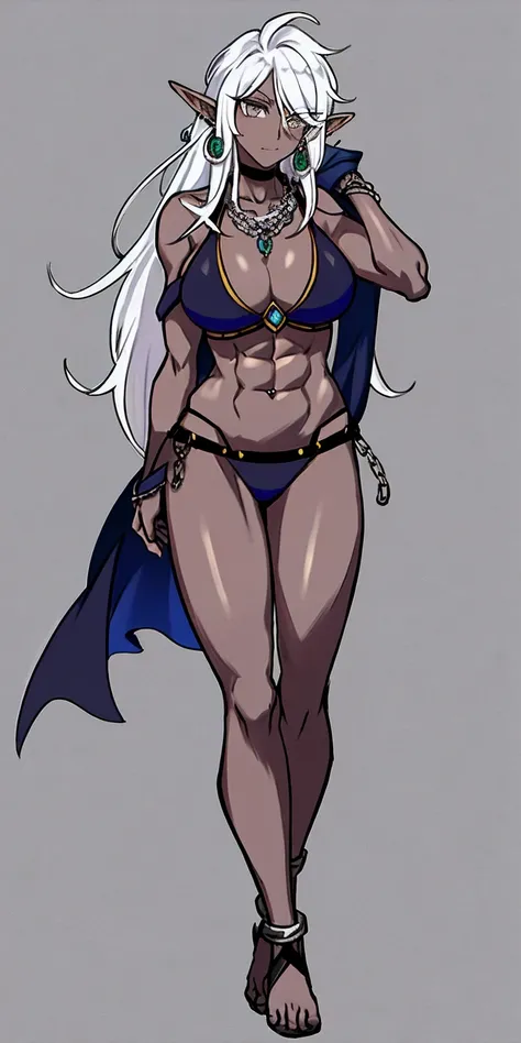 Appearance
Gender: Female
Age: Mature
Race: Drow (elf with dark skin and white hair)
Height: Full-body
Skin: Gray
Skin: Gray
Background: Plain Gray
Eyes: Purple
Attire: Bikini, revealing abdominal muscles
Accessories: Large earrings, ragged rags, chain nec...