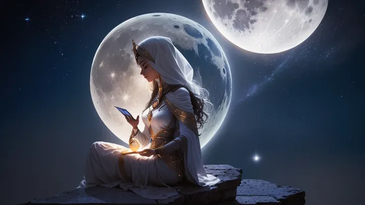 Arabian woman sitting on a ledge looking at the globe, Powerful woman sitting in space, elven spirit meditating in space, Elven angel meditating in space, Sit on the moon, Sitting on a cloud in space, Cosmic Revelation, Projection of consciousness, Spiritu...