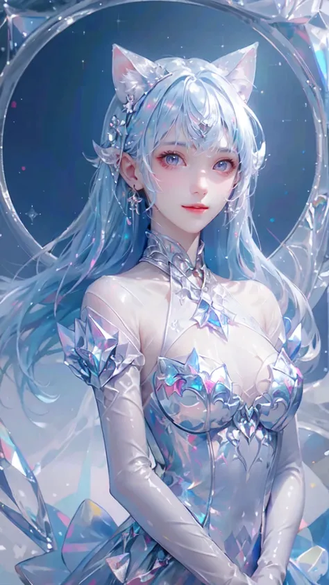 Wearing a blue dress、Pink haired woman，Cat ears，ice crystals，Ice World，Crystal Clear，blue eyes，beautiful girl，mysterious，Sparkling