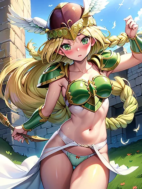 masterpiece,best quality,1girl, 18yo, beautiful girl,BREAK,(Armor:1.5),(Helmet with wings:1.4),(Beautiful blonde,braid,Green Eyes:1.5),BREAK,(White Dress,navel exposed,Green panties:1.3),BREAK,(blush:1.5), (blue sky:1.2),(In the sky:1.3),(move chart:1.3),(...