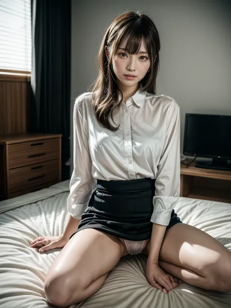 (In 8K，highest quality，masterpiece)，(Realistic，RAW Photos，Super Fine Clear)，Realistic Light，Detailed skin，Beautiful Japanese Women，((30-year-old woman，))、Businesswoman、Office Fashion，(Long skirt)、Panty shot，White sexy panties、kneeling to spread legs，Thin l...