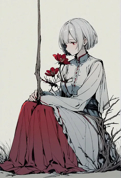 Light gray background, sitting woman, silver hair, short hair, withered red flower