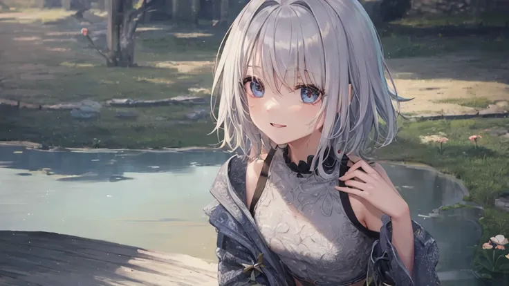 Ultra HD,Look at the viewers, Put your hands behind your back, With a girl, 20-year-old, 非常にShort Hair, Long bangs between the eyes, Pale blue eyes, Very detailed,(masterpiece、Highest quality),Gray Hair、Laughter、Fantastic, Silver Hair, Iris, Short hair、 Fl...