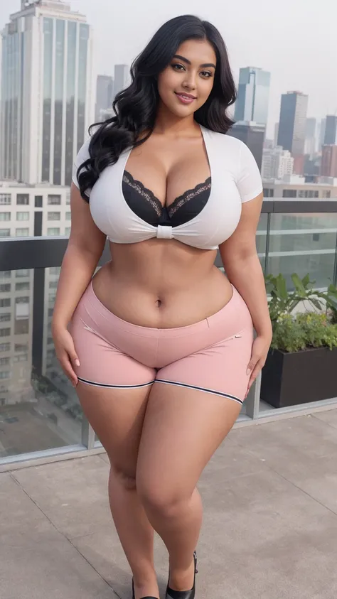 swastika mukharjee Indian beautiful woman curvy plus size hour glass bulky huge figure woman, closeup camera view, big huge m-cup breast, wearing SHEIN Young Girl Cartoon Graphic Bow Front Tee & Dalmatian Print Shorts Color: Apricot, covered Bust , elegant...