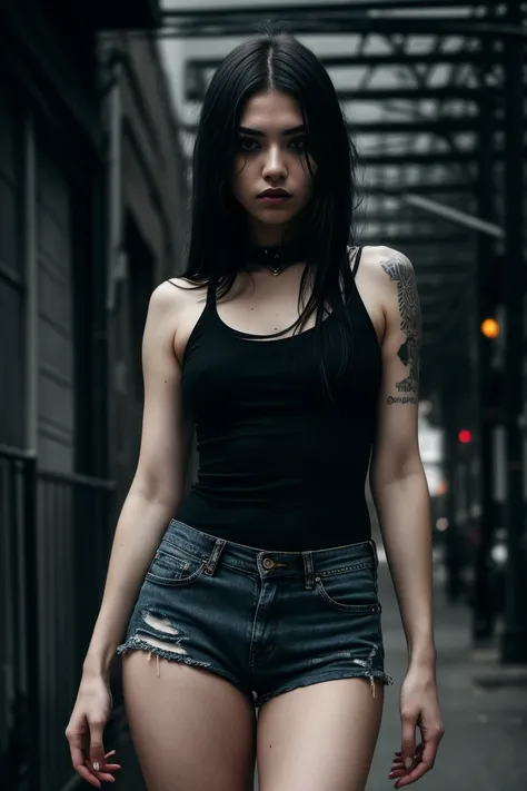 a beautiful 18 year old slim and sexy woman, emo girl, black dress, denim shorts, detailed face, long eyelashes, intricate makeup, moody expression, dark aesthetic, dramatic lighting, cinematic composition, muted color palette, dramatic shadows, grungy urb...