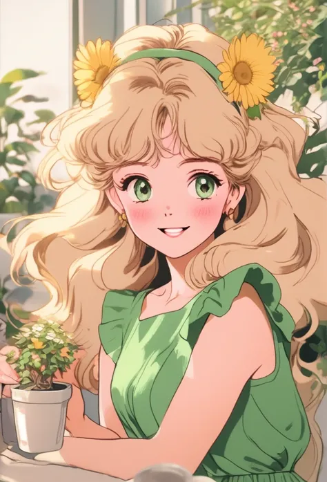 Hojo Tsukasa Manga Style，1 girl, :d, animal ear hair, Animal ears, bangs, black hairband, blonde hair, vague, vague background, depth of field, dress, flower, flower pot, frilled dress, decorate, green dress, green eyes, hairband, holding, long hair, open ...