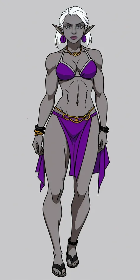 Appearance
Gender: Female
Age: Mature
Race: Drow (elf with dark skin and white hair)
Height: Full-body
Skin: Gray
Skin: Gray
Background: Plain Gray
Eyes: Purple
Attire: Bikini, revealing abdominal muscles
Accessories: Large earrings, ragged rags, chain nec...