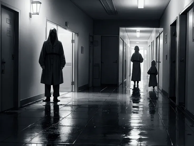 Create an image of the ghost of a  with wet clothes, standing in a hospital corridor. The childs expression is malevolent and terrifying, and there is an eerie aura surrounding their body. The hospital corridor is dimly lit, with flickering lights casting ...