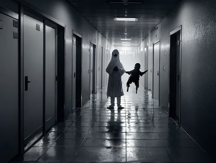 Create an image of the ghost of a  with wet clothes, standing in a hospital corridor. The childs expression is malevolent and terrifying, and there is an eerie aura surrounding their body. The hospital corridor is dimly lit, with flickering lights casting ...