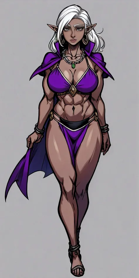 Appearance
Gender: Female
Age: Mature
Race: Drow (elf with dark skin and white hair)
Height: Full-body
Skin: Gray
Skin: Gray
Background: Plain Gray
Eyes: Purple
Attire: Bikini, revealing abdominal muscles
Accessories: Large earrings, ragged rags, chain nec...