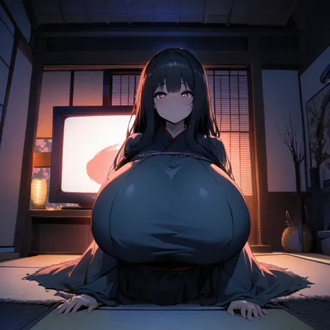 sadako,1girl,solo,super huge breasts,looking at viewer,near,standing up,Its crawling out of the TV LCD,Shooting from the front,night japanese room,in room