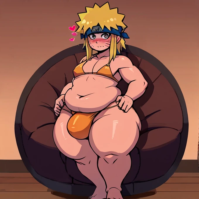 High res, shading, naruto, bedroom background, orange bikini,((femboy)), wide hips, hyper ass, hyper thighs, staring at viewer lovingly, massive genitalia bulge, blushing, full body,((solo)), eyeliner, long sunny blonde straight hair, full body, obese