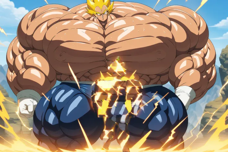 1boy, Vegeta, from Dragon Ball Z, masterpiece, best quality, very aesthetic, absurdres, saiyan, green eyes, spiked hair, (yellow hair:1.5), shirtless, blue skintight pants, white gloves, (huge muscles:2.5), dragonballartstyle, in the style of Akira Toriyam...