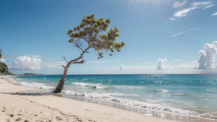 "Une plage de sable blanc immaculé bordée darbre de cocotiers se balançant doucement dans la brise. Leau turquoise cristalline scintille sous le soleil éclatant, reflétant un ciel sans nuages dun bleu profond. Au loin, avec une bvelle ile au loin