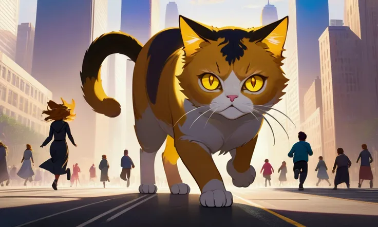 (masterpiece, best quality, vivid colors), a giant cat standing on its hind legs terrorizing the big city!, calico cat, (Alone), yellow eyes, people running everywhere terrified in the background 