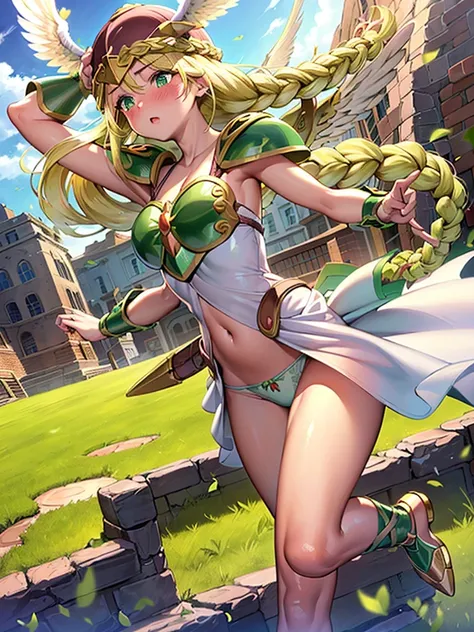 masterpiece,best quality,1girl, 18yo, beautiful girl,BREAK,(Armor:1.5),(Helmet with wings:1.4),(Beautiful blonde,braid,Green Eyes:1.5),BREAK,(White Dress,navel exposed,Green panties can be seen through the gap in her skirt:1.3),BREAK,(blush:1.5), (blue sky...