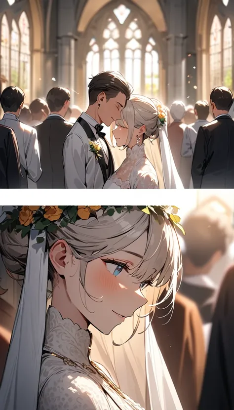 4K,masterpiece,  textured skin, high details, best quality, highres,  (((head shot))),Beautiful groom and bride, Lined up next to each other,wedding,People who bless those around,Inside the church,Happy atmosphere,Blurred background
