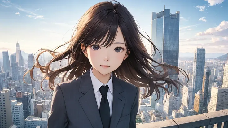 Very crowded station、The time is morning、Skyscraper in the background、Shiraishi Mei, Looks exactly like Shiraishi Mei,、Woman looking up at the sky ,Long Hair,  Dark brown hair, Suit jacket、Blouse Photos, Realistic, Highest quality, Detailed face, Written b...