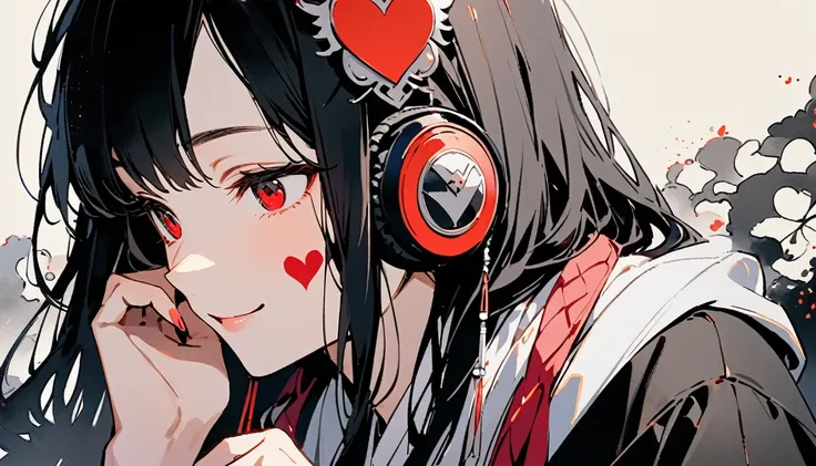 ((Ink Painting)), (((1 girl))), (((Heart tattoo on face))), (((Gorgeous hair accessories))), Japanese style headphones, face close-up, Japanese beautiful girl, Black Hair, Put your hands on your face, smile, devil, Droopy eyes, Red eyes