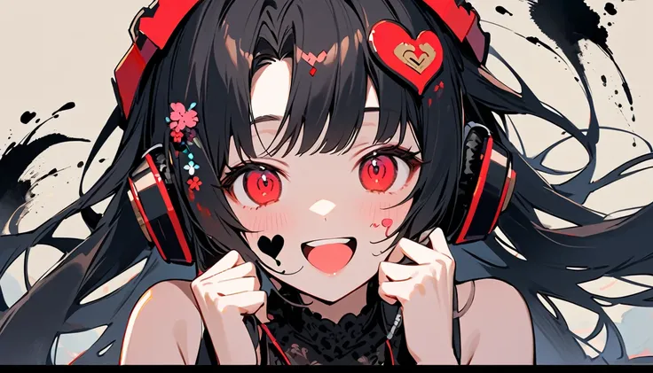 ((Ink Painting)), (((1 girl))), (((Heart tattoo on face))), (((Gorgeous hair accessories))), Japanese style headphones, face close-up, Japanese beautiful girl, Black Hair, Put your hands on your face, smile, devil, Droopy eyes, Red eyes