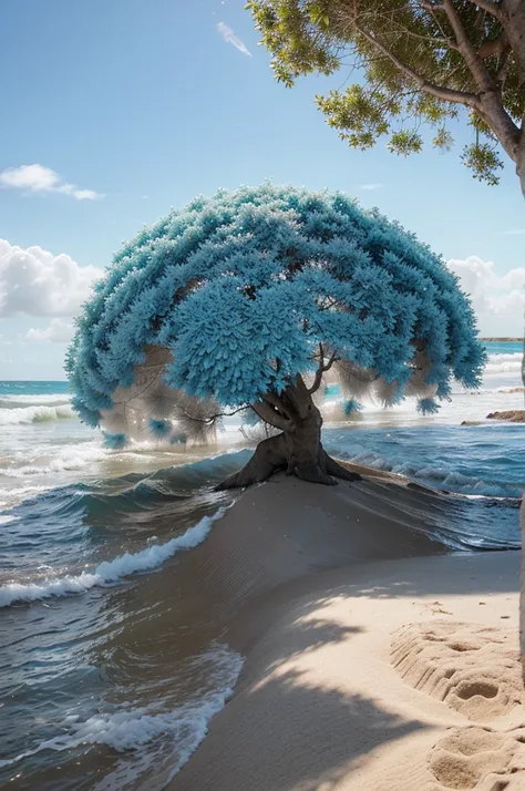 "Une plage de sable blanc immaculé bordée darbre de cocotiers se balançant doucement dans la brise. Leau turquoise cristalline scintille sous le soleil éclatant, reflétant un ciel sans nuages dun bleu profond. une très belle ile au loin