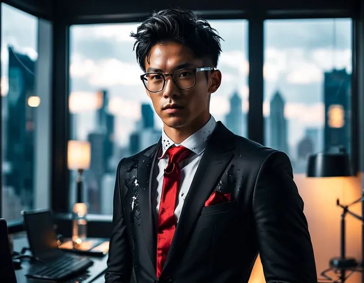 photorealistic, dark vibes, solo, young man, asian, 26 years, model (short obsidian black messy hair:1.5), (blood red tie:1.5), ...