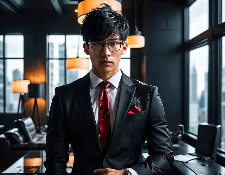 photorealistic, dark vibes, solo, young man, asian, 26 years, model (short obsidian black messy hair:1.5), (blood red tie:1.5), ...