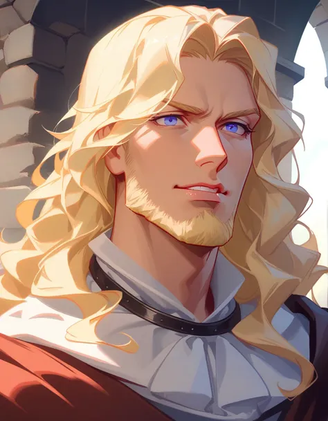 male, late 30s, blond, shoulder-length, middle-part wavy hair, light-purple, deep-set, sanpaku eyes, slightly thick blond beard,...