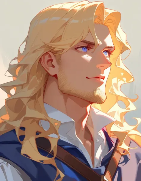 male, late 30s, blond, shoulder-length, middle-part wavy hair, light-purple, deep-set, Sanpaku eyes, slightly thick blond beard, aquiline and hooked nose, slightly underbite, chiseled, slightly long face, fearless expression, medieval European royal attire...