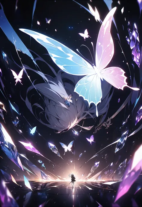 {{masterpiece, Highest quality, Highly detailed CG, Unified 8k wallpaper, Cinema Lighting, }}, butterfly，梦幻般的紫色butterfly，（pure black background），Crystal Shard，Little light，Tyndall effect，（Plain background），（Nobody），no one