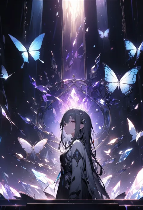 {{masterpiece, Highest quality, Highly detailed CG, Unified 8k wallpaper, Cinema Lighting, }}, butterfly，梦幻般的紫色butterfly，（pure black background），Crystal Shard，Little light，Tyndall effect，（Plain background），（Nobody），no one