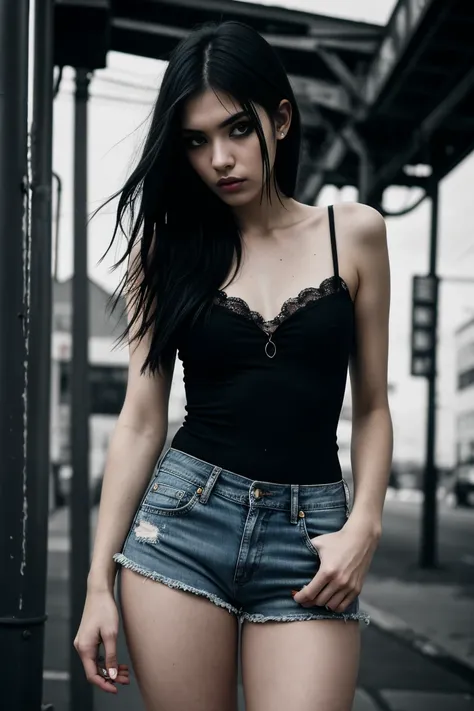 a beautiful 18 year old slim and sexy woman, emo girl, black dress, denim shorts, detailed face, long eyelashes, intricate makeup, moody expression, cinematic composition,  grungy urban environment