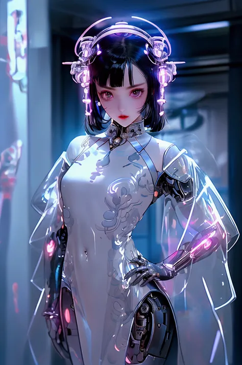 highest quality、master piece、超A high resolution、(Photoreal:1.4)、Raw photo、Combat Robot Angel、white porcelain body、Acrylic transparent cover、white hair、glowing skin、1 cyborg girl、((Ultra realistic details))、porate、global illumination、Black Shadow、octane ren...