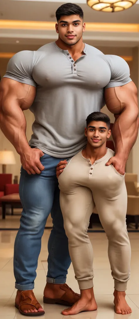 Tanned skin ugly faced indian very young muscular male with a mature woman, very tall, 2.30 meters tall, 20 year old overweight  bodybuilder, school freshman in loose linen pants and loosev neck henley shirt, cute innocent sweet young funny face, great hei...