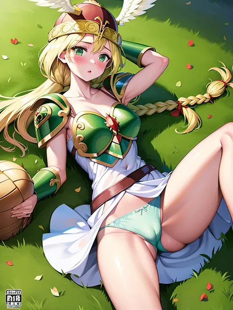 masterpiece,best quality,1girl, 18yo, beautiful girl,BREAK,(Armor:1.5),(Helmet with wings:1.4),(Beautiful blonde,braid,Green Eyes:1.5),BREAK,(White Dress,navel exposed,Green panties visible through the gap in her dress:1.3),BREAK,(blush:1.5), (blue sky:1.2...