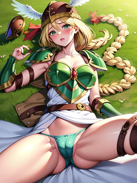 masterpiece,best quality,1girl, 18yo, beautiful girl,BREAK,(Armor:1.5),(Helmet with wings:1.4),(Beautiful blonde,braid,Green Eyes:1.5),BREAK,(White Dress,navel exposed,Green panties visible through the gap in her dress:1.3),BREAK,(blush:1.5), (blue sky:1.2...