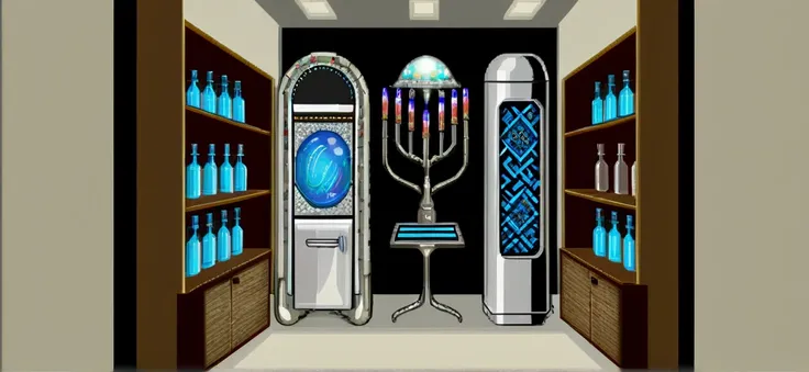 Close-up of a room with many bottles and candlesticks, Pixel art inspired by Luigi Kasimir, tumbler, Pixel art, Futuristic Chemistry Laboratory, Mysterious Laboratory, Futuristic Laboratory, SF Room, Magical Laboratory Setting, fantasy alchemist laboratory...