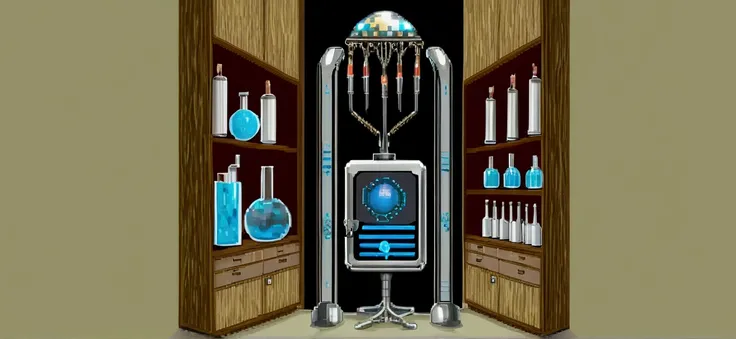 Close-up of a room with many bottles and candlesticks, Pixel art inspired by Luigi Kasimir, tumbler, Pixel art, Futuristic Chemistry Laboratory, Mysterious Laboratory, Futuristic Laboratory, SF Room, Magical Laboratory Setting, fantasy alchemist laboratory...