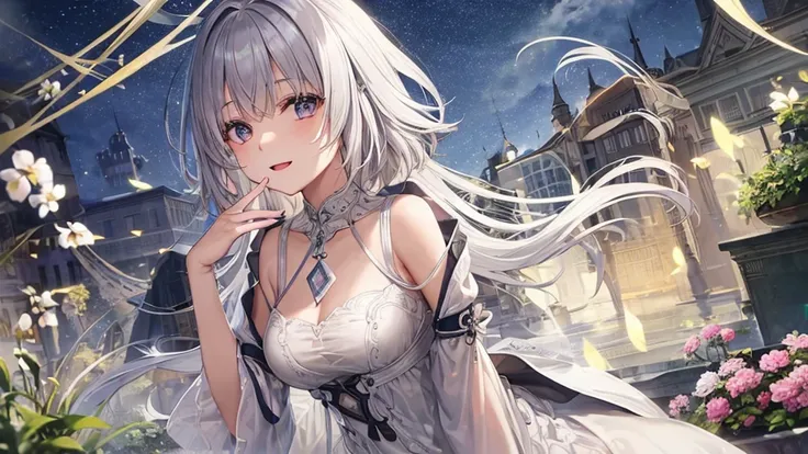 Ultra HD,Look at the viewers, Put your hands behind your back, With a girl, 20-year-old, 非常にShort Hair, Long bangs between the eyes, Pale blue eyes, Very detailed,(masterpiece、Highest quality),Gray Hair、Laughter、Fantastic, Silver Hair, Iris, Short hair、 Fl...