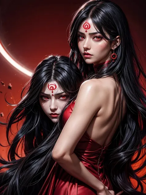 Madara Uchiha. women. raven hair. White skin. Hair on ends. Long hair. Long right side fringe. Red eyes Sharingan. sexy. Elegant dress with front neckline. Punjabi India 