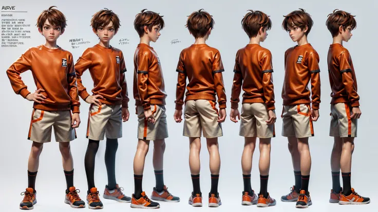 short height cute face boy, cute face, short height boy, wearing orange  pent and shirt, sports shoes, full standing pose, straight brown  hairs, Character Sheet, 10 yo student, Full body, Simple white background, front pose character reference sheet, Conc...