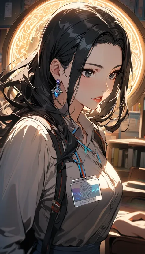 1woman,matured face,curtain hair forehead(long black hair),eyes,black eyes,teacher,teacher outfit, beautiful, colourful classroom background,standing attentive pose, neutral,stoic,wearing an ID card,earrings,juicy full lips,magic circle in the background, ...