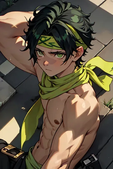 boy　Embarrassing　suffer　thin　Black Hair　juvenile　Upper body naked　Green Eyes　Yellow Eyes　Bangs hanging over the eyes　Are thin　large delicate eyes　((Fine details)), Best Shadow,Cinema Lighting,Highest quality,((Very detailed))　masterpiece　Torn clothes　Fembo...