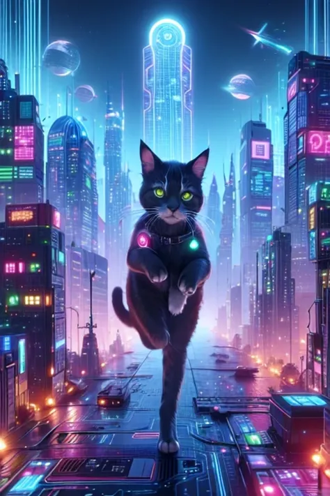 top quality, future world, ((cyborg cat is running))