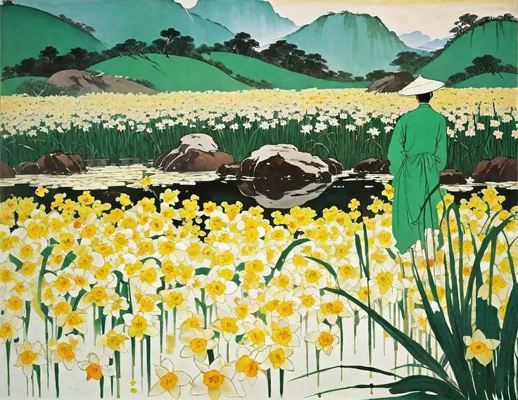 wu guanzhong, narcissus, traditional media, nature beauty sepea tone