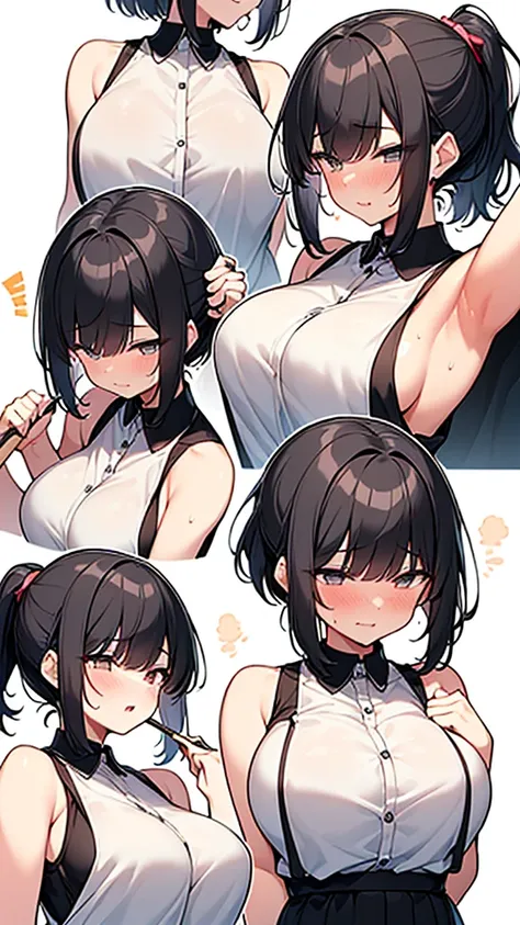 独奏  (breasts being massaged:1.9. stick out your lips) ,break,(white collared sleeveless shirt, tall woman, black hair, short hai...