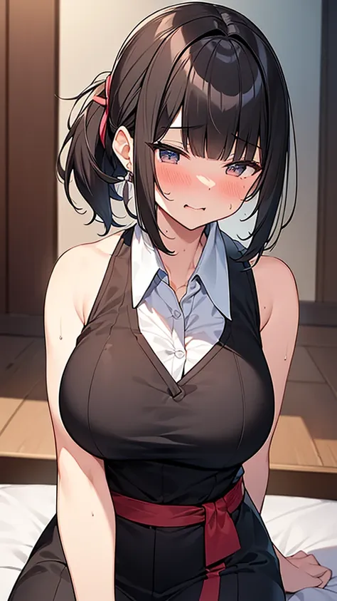 独奏  (breasts being massaged:1.9. stick out your lips) ,break,(white collared sleeveless shirt, tall woman, black hair, short hai...