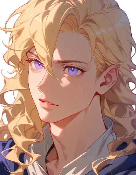 male about 18 years old, blond, shoulder-length, middle-part wavy hair, light-purple, deep-set, sanpaku eyes, growing blond bear...