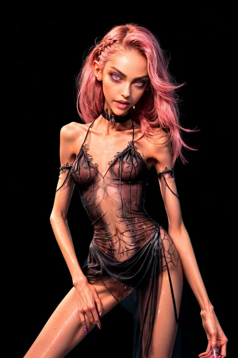 Photograph of an extremely slim and muscular female succubus wearing an intricate and revealing gothic evening dress with tight, see-through skin, lip biting, thick neon lip gloss, lip glaze, shiny skin, wet, sexy, looking at the viewer, eyes to the camera...